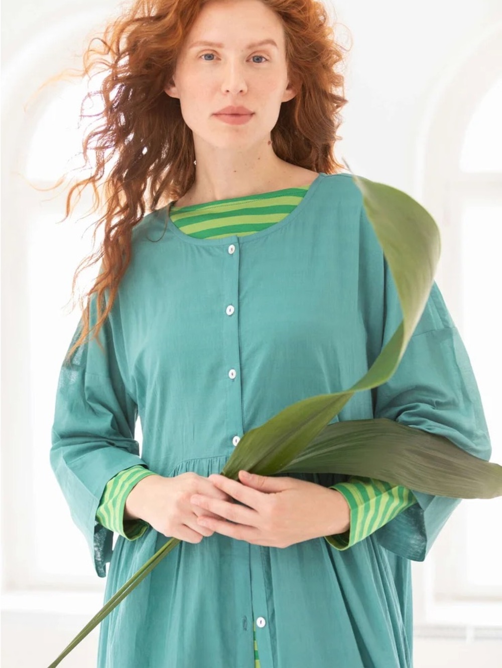 Gudrun Sjoden Dress green Agnes Teal Bracelet Sleeve Tiered Midi button front L - Picture 5 of 11
